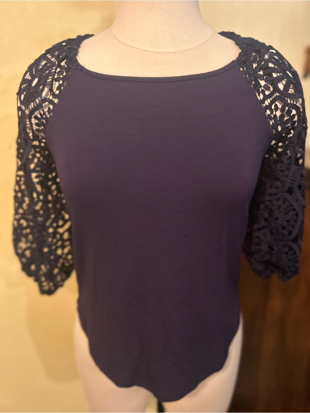 Cupio Navy Crochet Sleeve Short-Sleeve Top